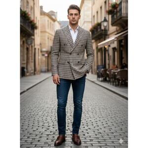 River Island Beige Plaid Double-Breasted Sport Coat